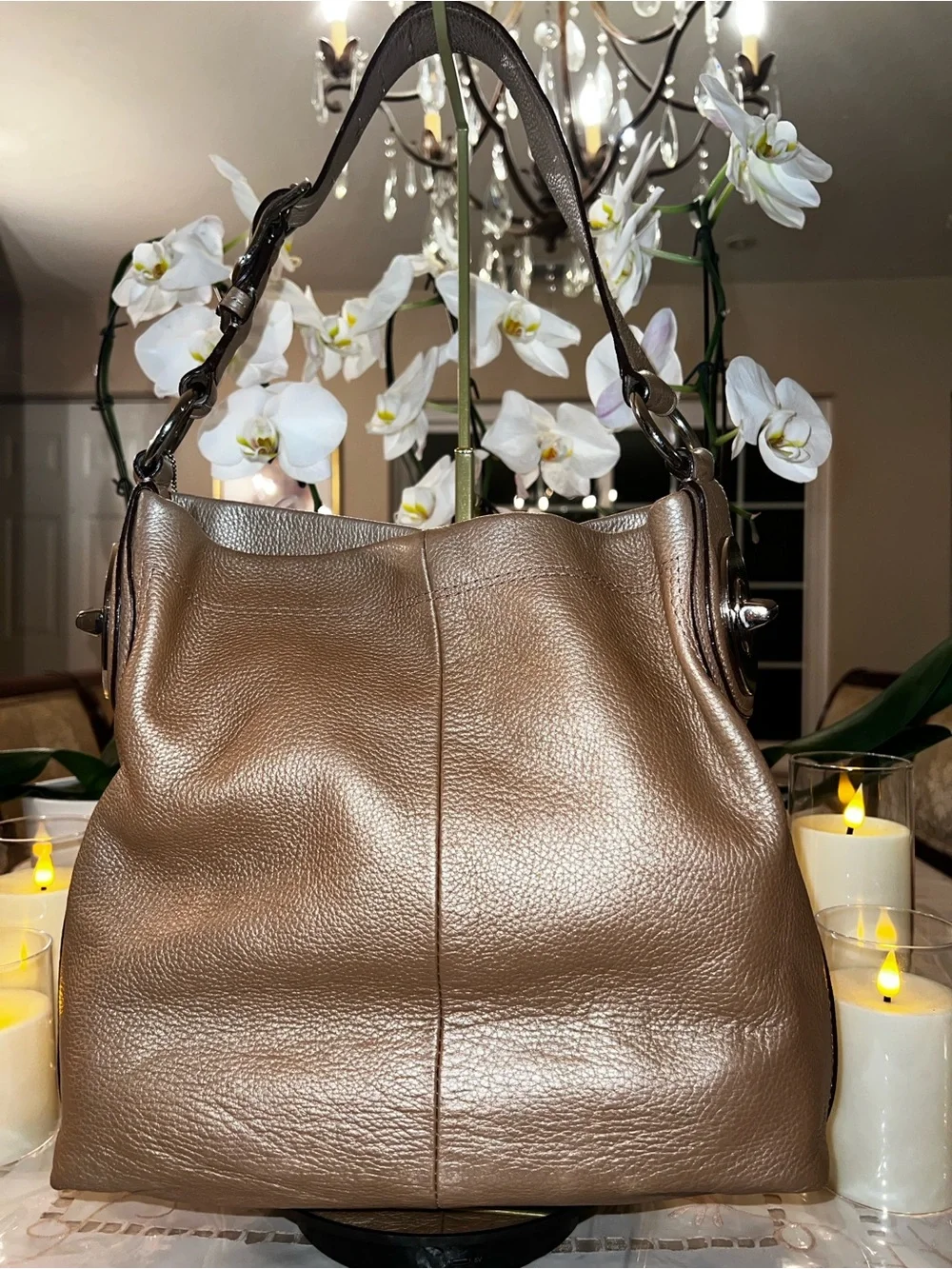 Coach Penelope Pebbled Leather Hobo Shoulder Bag | Metallic Bronze Leather | Lar
